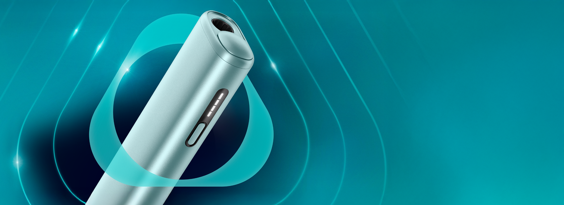 جهاز IQOS ILUMA i ONE باللون الأزرق السماوي داخل شعار IQOS